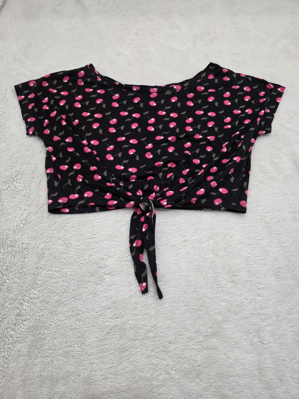 ASOS Black Crop Tie-Front Top with Pink Cherry Motif